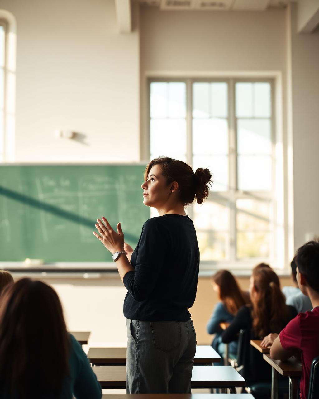 An educator leads a critical AI literacy session in a sunlit classroom.