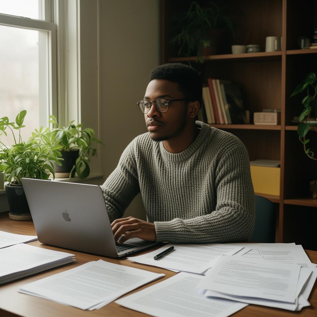 A young Black male researcher at a desk with essays, laptop, and plants in window light.