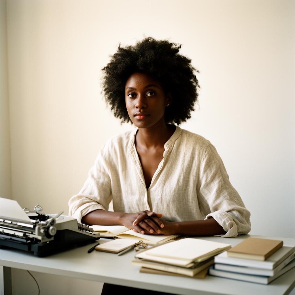 Editorial portrait of a young Black woman writer at a minimalist studio desk with a typewriter.