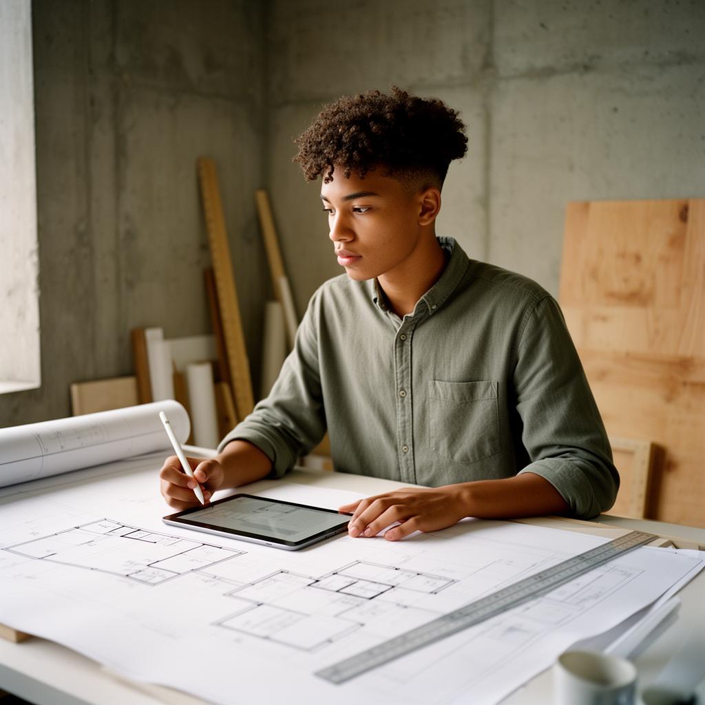 A young mixed-race designer using a stylus on a tablet over architectural drawings.