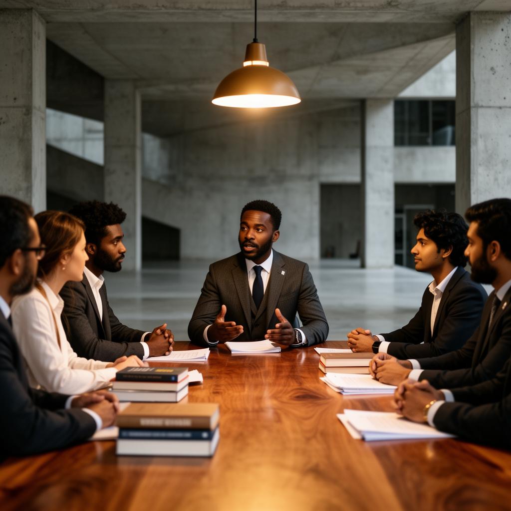 A Black man in a tailored suit leading a multiracial policy roundtable in a brutalist hall.