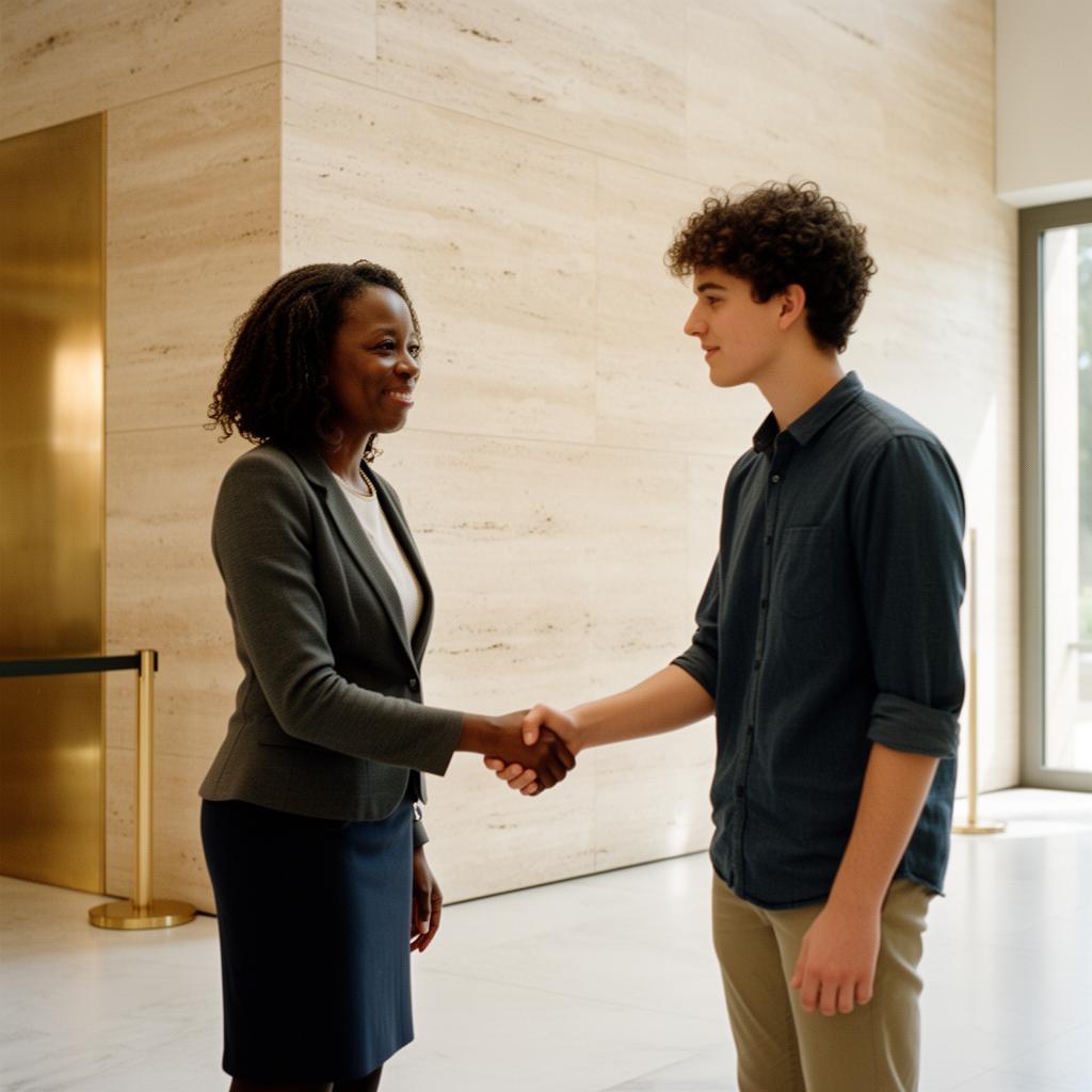 A Black woman director shaking hands with a younger mixed-race colleague in a travertine lobby.