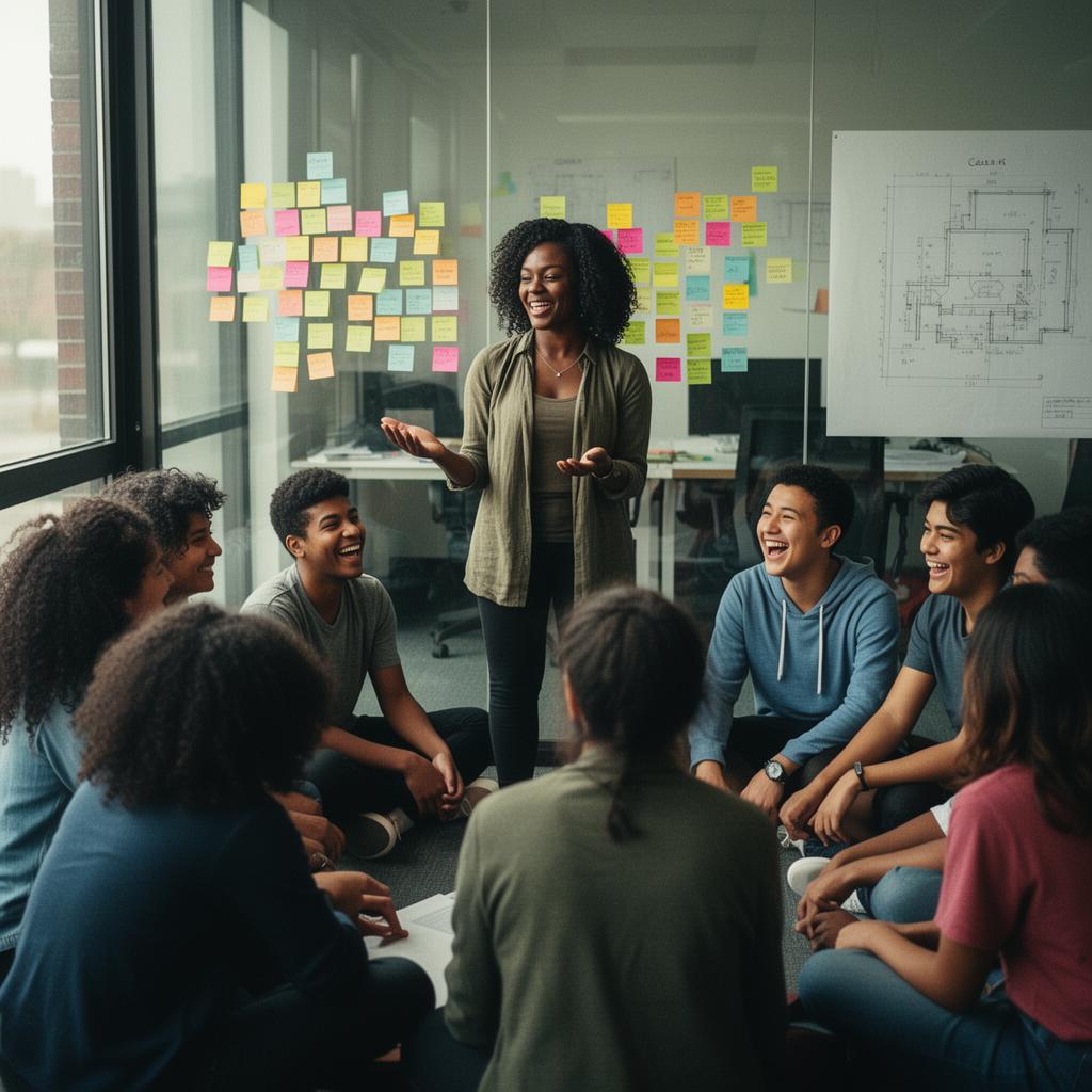 A Black woman facilitator leading a sticky-note circle workshop with mixed-race teens.