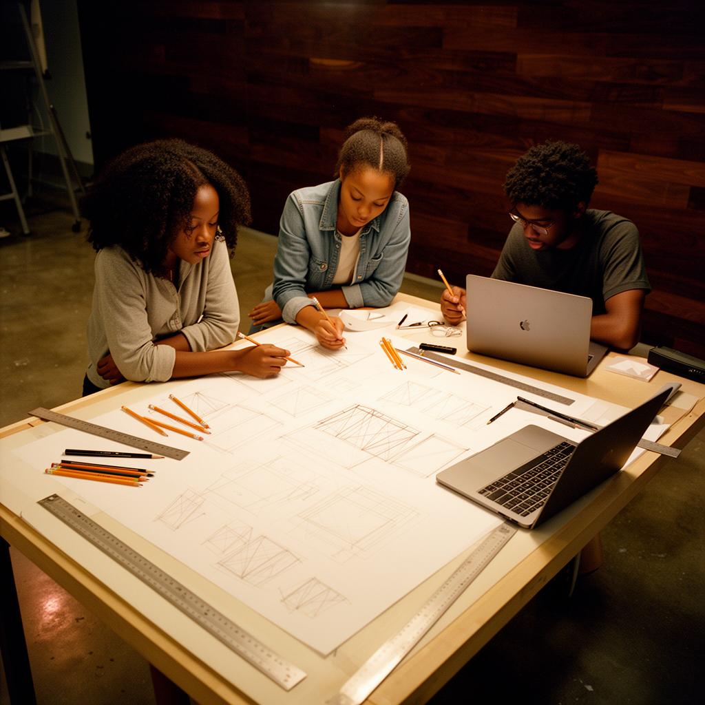 Three young Black designers sketching wireframes on a large drafting table.
